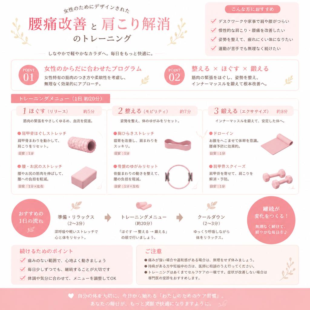 女性のためにデザインされた、腰痛改善と肩こり解消のトレーニング