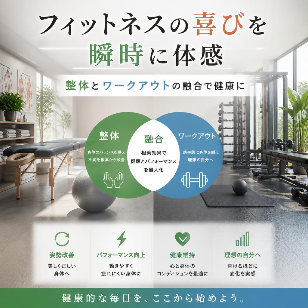 フィットネスの喜びを瞬時に体感、整体とワークアウトの融合で健康に