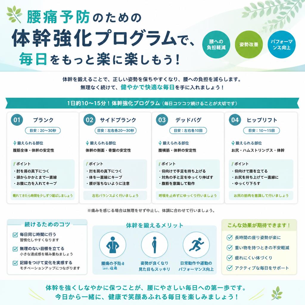 腰痛予防のための体幹強化プログラムで、毎日をもっと楽に楽しもう！